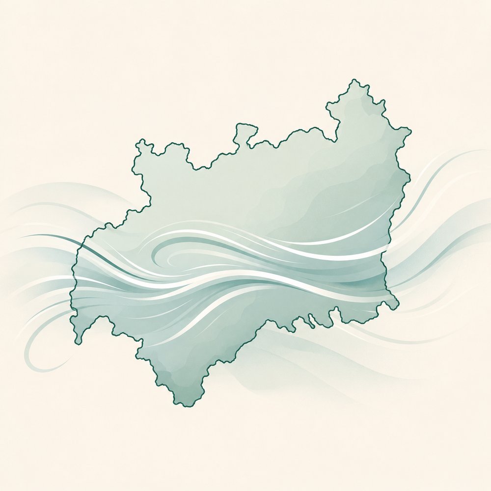Illustration of the Gloucestershire county area with cool air flowing across it